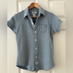 Calvin Klein Jeans Womens Top Short Sleeve Button Up 100% Cotton Blue & White